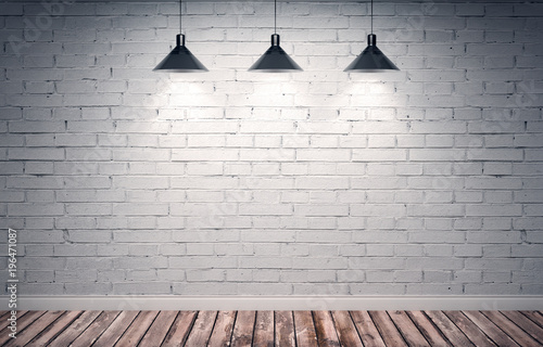 3d rendering illustration of big modern empty room with white brick wall and rough wooden floor Canvas Print