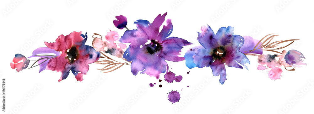 Cute watercolor hand painted flower border. Invitation. Wedding card. Birthday card. - obrazy, fototapety, plakaty 