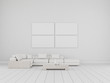 3D rendering scene of minimal room style with white modern sofa on white plank wood floor and light wall with picture frame.