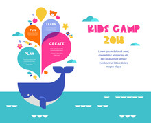 Children Summer Camp, Poster With Colorful Splashes And Whale