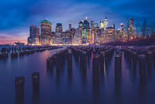 City Skyline At Night Viewed From Brooklyn Bridge Park, Manhattan, New York, America, USA