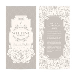 intage set of template spring flowers and patterned background. elegant lace wedding invitation desi