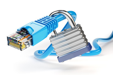 Leinwandbilder - Network ethernet cable locked with padlock isolated on white background. Internet security and data protection concept
