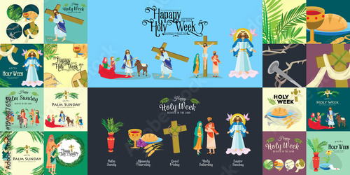 Fotografija Set for Christianity holy week before easter, Lent and Palm or Passion Sunday, G