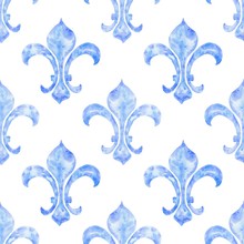 Fleur-de-lys Hand Drawn Watercolor Blue Ornamen Seamless Background, Boho Reeating Pattern. Vintage Heraldic Illustration.