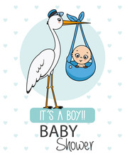 Baby Shower Card. Stork With Baby Boy