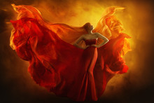 Fashion Model Art Fantasy Fire Dress, Blindfolded Woman Dreams In Red Flying Gown, Girl Beauty Portrait, Fabric Fluttering Like Flame Wings
