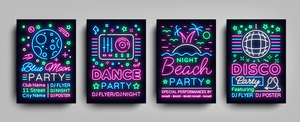 nightclub party collection of posters. night party, neon sign, neon sign flyer, disco ball, musical 
