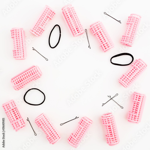 Hairdresser Tools Curlers And Hair Clips On White Background