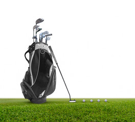 Wall Mural - Golf bag ,golf ball and face balanced putter with Super Stroke putter grip isolated on white background