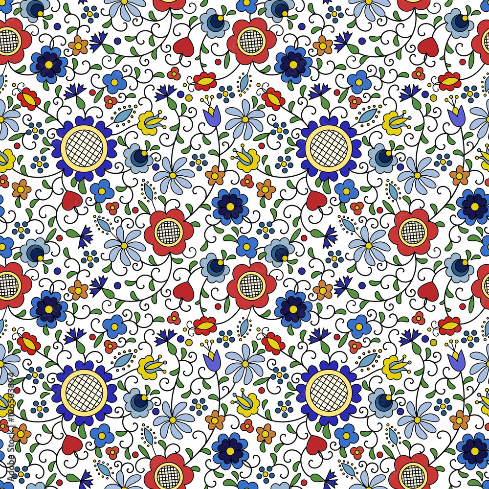 Traditional, modern Polish - Kashubian floral folk pattern vector - obrazy, fototapety, plakaty 