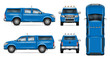 Pickup truck vector mock-up. Isolated template of blue car on white. Vehicle branding mockup. Side, front, back, top view. All elements in the groups on separate layers. Easy to edit and recolor.