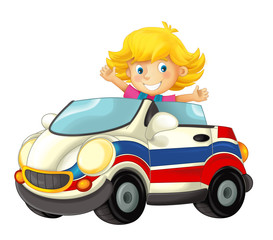 Wall Mural - cartoon scene with happy child - girl in toy ambulance car on white background - illustration for children