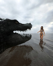 Don't Swim Alone,woman Is Face To Face With A Giant Alligator In The Water,3d Rendering For Book Cover Or Book Illustration