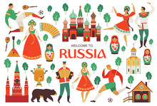 Welcome To Russia. Russian Sights And Folk Art. Football Championship In 2018. Flat Design Vector Illustration.