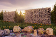 3d Rendering Of Green Garden With Gabion And Pond In The Evening Sunset