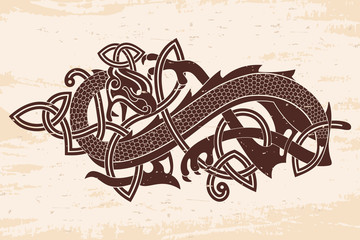 Celtic two-headed dragon with national ornament intertwined ribbon on a beige background with the aging effect.