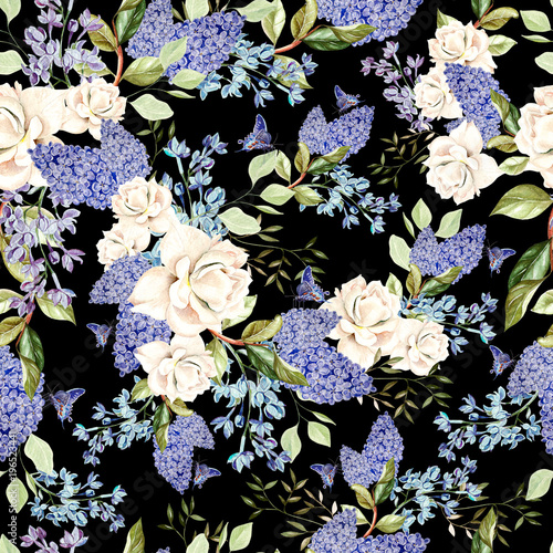 Seamless pattern with watercolor  lilac and roses flowers.