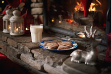 Cookies And Milk, For Santa, Left Beside Fireplace