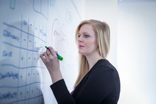 Female Scientist Drawing On White Board In Meeting Room