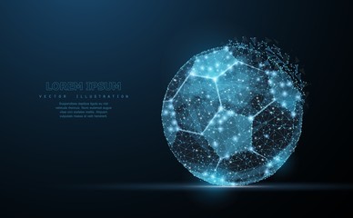 Soccer ball. Low poly wireframe mesh on dark blue background. Soccer symbol, illustration or background