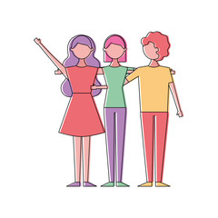 Poster - people character women and man hugging friends cartoon vector illustration