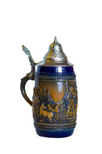        Isolated Traditional German Metal Beer Mug With Lid And Handle With Fleece Painting And Molding