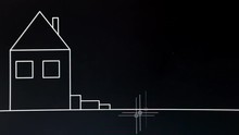 Timelapse Drawing: A Small House With Porch, Door, Windows And Chimney On Roof, Car And Sun. White Lines On Black Background