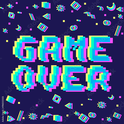 Vector Game Over Phrase In Pixel Art 8 Bit Style With Glitch VHS Effect Three Color Half Shifted 