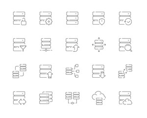 Simple set of Database related vector line web icons. Contains such Icons as Synchronization, Download database, Backup, Data transfer, Scale and more. Editable Stroke. 48x48 Pixel Perfect.