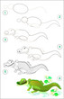 Page shows how to learn step by step to draw a cute crocodile. Developing children skills for drawing and coloring. Vector image.
