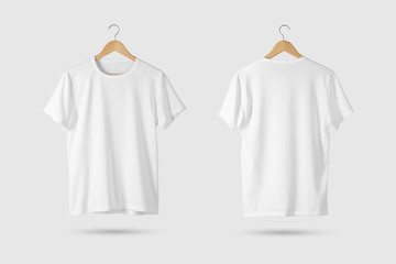 blank white t-shirt mock-up on wooden hanger, front and rear side view. 3d rendering.