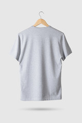 Wall Mural - Grey T-Shirt Mock-up on wooden hanger, rear side view. 3D Rendering.
