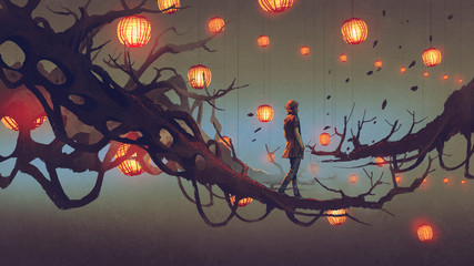 man walking on a tree branch with many red lanterns on background, digital art style, illustration p