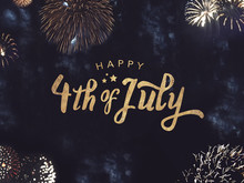 Happy 4th Of July Celebration Text With Festive Gold Fireworks Collage In Night Sky