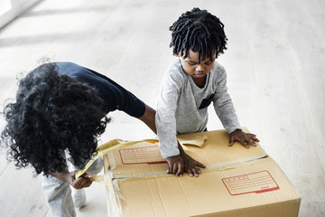 Wall Mural - Young boy helping unpack stuff