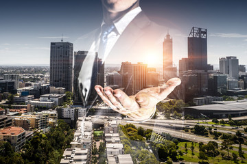 Businessman showing palm. Mixed media