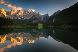 Fototapeta Góry - Mountain lake in Italy during sunset. 