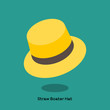 STRAW BRIMMED HAT
Straw boater hat on bright blue background. Light weight straw hat with flat brim and flat top for seamen, boater, is very popular in summer time. 