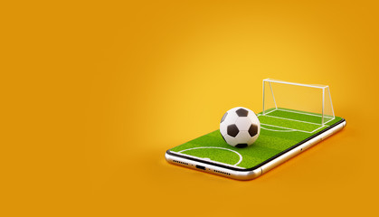 Wall Mural - Unusual 3d illustration of a soccer field and soccer ball on a smartphone screen. Watching soccer and betting online concept