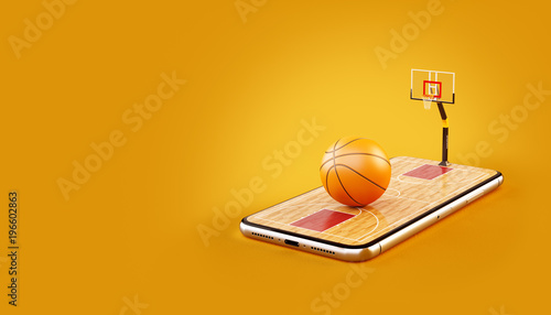 Leinwand Poster  Unusual 3d illustration of a basketball ball on court on a smartphone screen