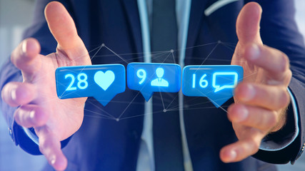 Businessman holding a Like, Follower and message notification on social network - 3d render