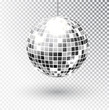 Mirror glitter disco ball vector illustration. Night Club party light element. Bright mirror silver ball design for disco dance club. Vector