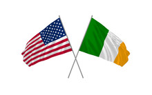 USA And Ireland State Crossed Flags Waving Real Clothes Effect As A Sign Of Cooperation Or Diplomacy Or Unity. Vector Illustration.