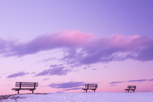 A Series Of Benches Against The Background Of A Gentle Pink Sky With Clouds. Minimalism.
