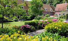 Row Of Cottages In A Big Flower Garden In Edam, The Netherlands
