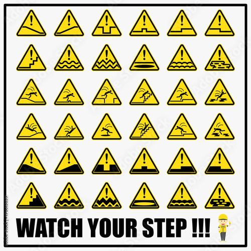 Set of safety caution signs and symbols for slips trips and falls