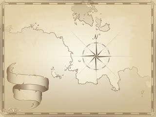 Wall Mural - vector illustration of an old navigation chart on yellowed paper. ocean, lakes, continent and Islands. ribbon wave. an image of a compass pointing to the North. the lined border