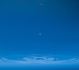 Wall Mural - drop of water liquid with splash isolated. the drop explodes in the water sending spray to the sides and circle ripples around it. the water is blue