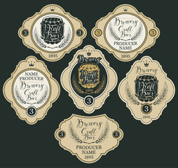 Wall Mural - set of labels with wheat ears, crowns, wooden barrels and handwritten inscriptions in figured frames